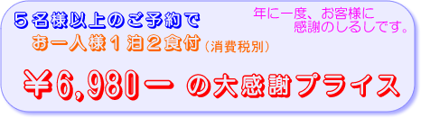 5���l�ȏ�̂��\��ŁA����l�l1��2�H�t�i����ŕʁj�@\6,980-�̑労�Ӄv���C�X